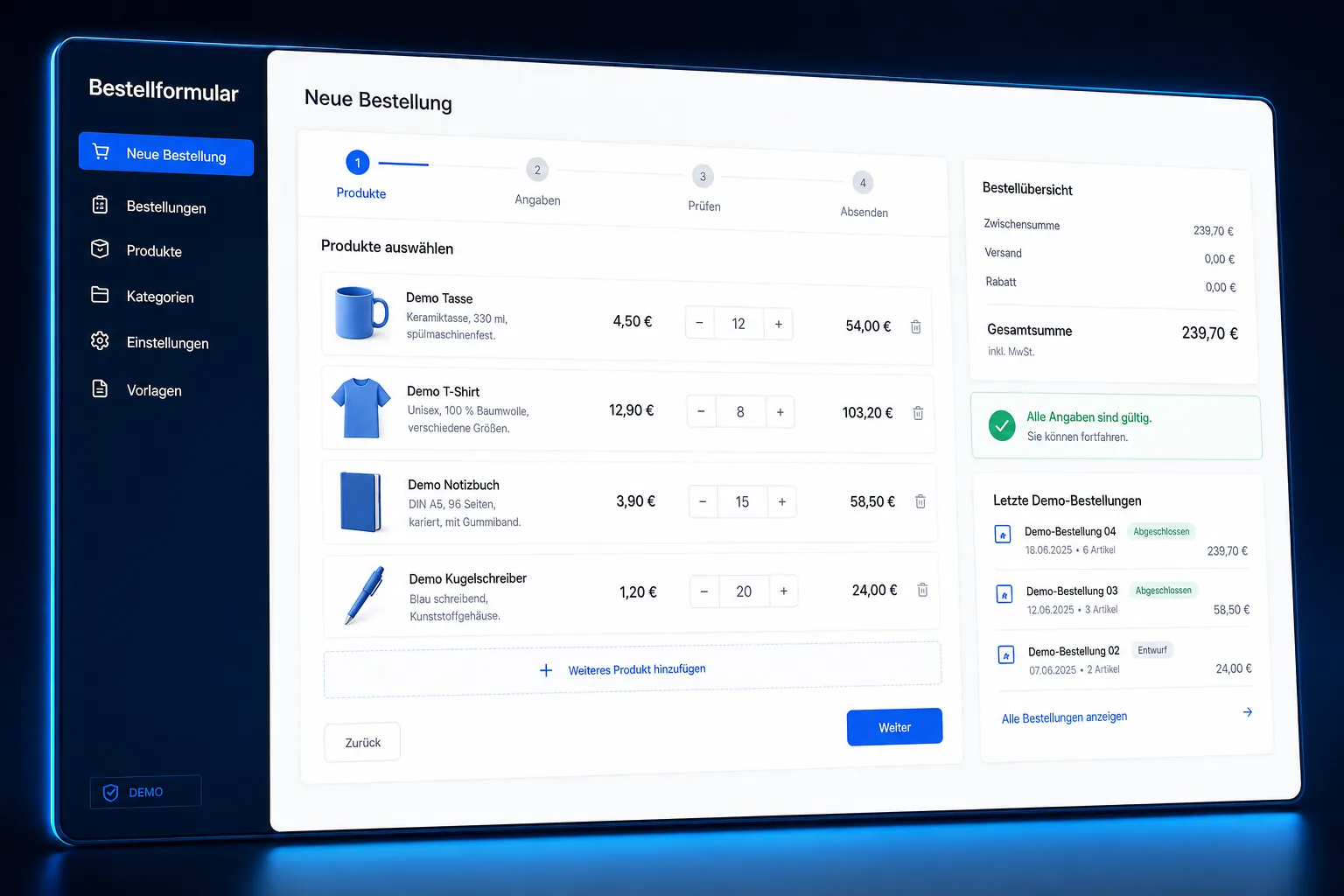 Anonymisiertes Mockup eines digitalen Bestellformulars