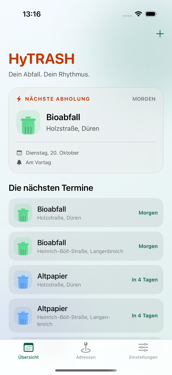 HyTRASH-App mit Abholterminen im iPhone-Simulator