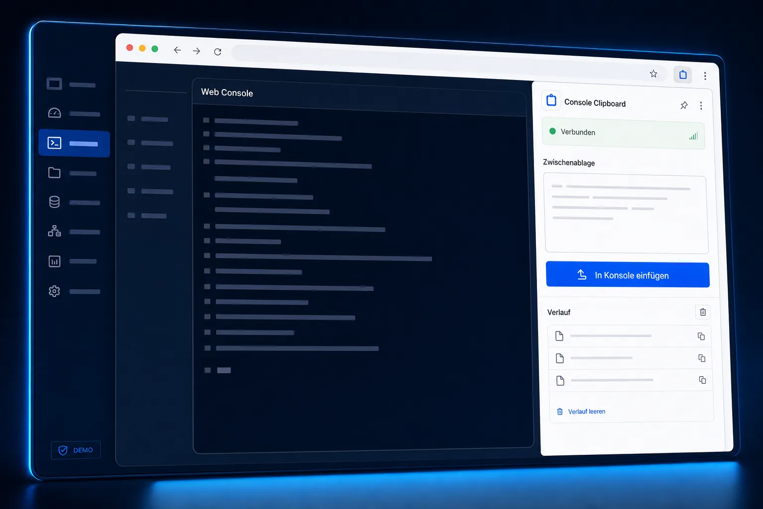 Anonymisiertes Mockup einer Chrome-Erweiterung für eine Web-Konsole
